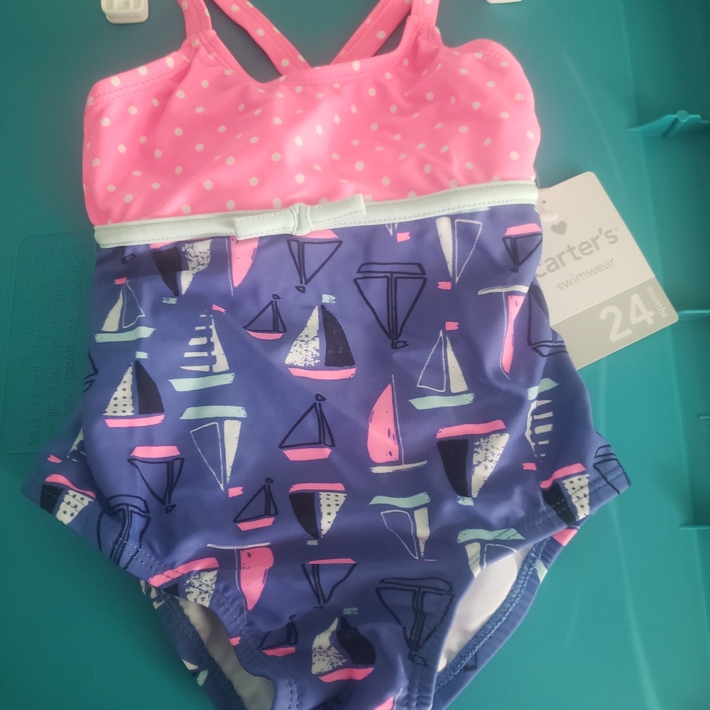 Carter's Pink and Blue One Piece Swimsuit Nautical Design